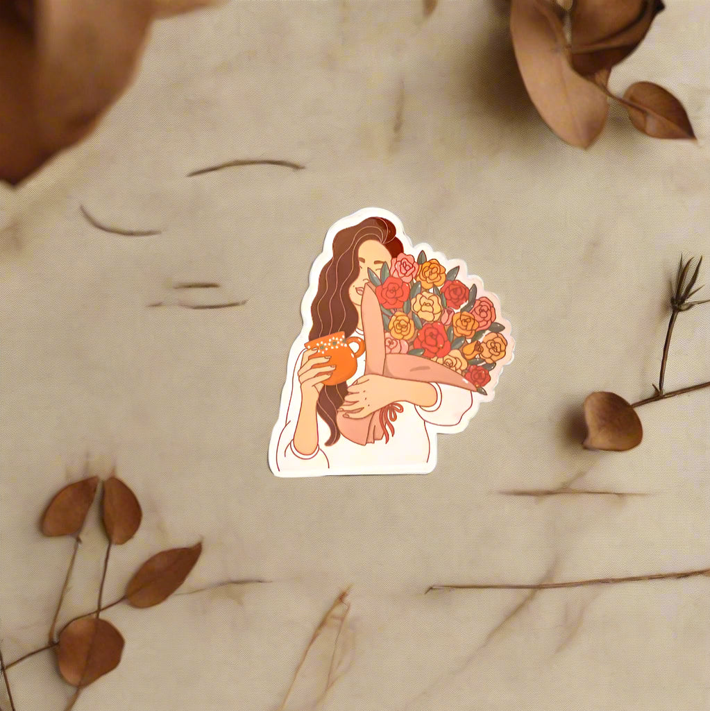 Decorative sticker of a woman holding flowers