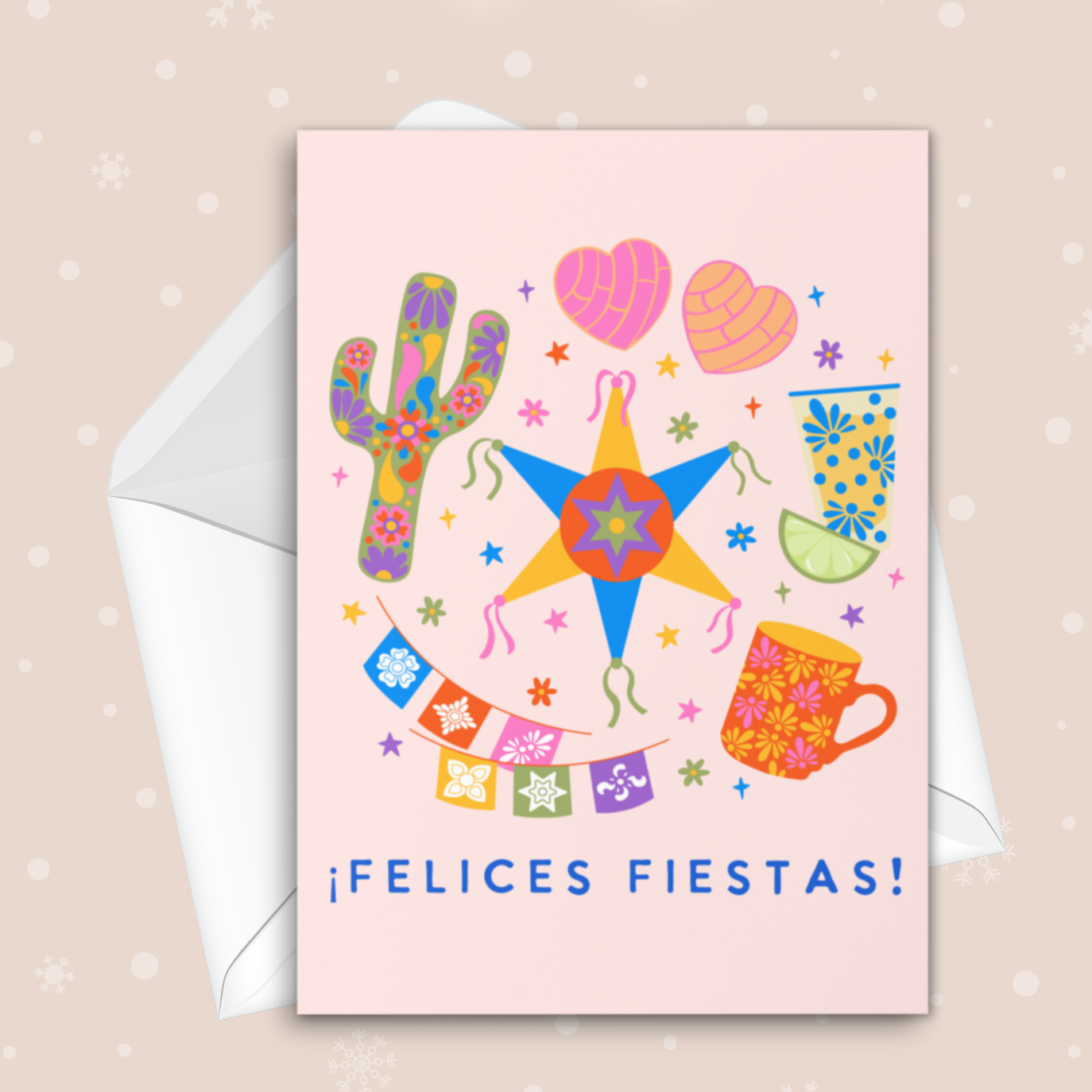 Hand-Drawn 'Felices Fiestas'Card – Featuring Pan Concha, Piñata, Mexican Mug, and Tequileros, Papel Picado for a Joyful Holiday Celebration