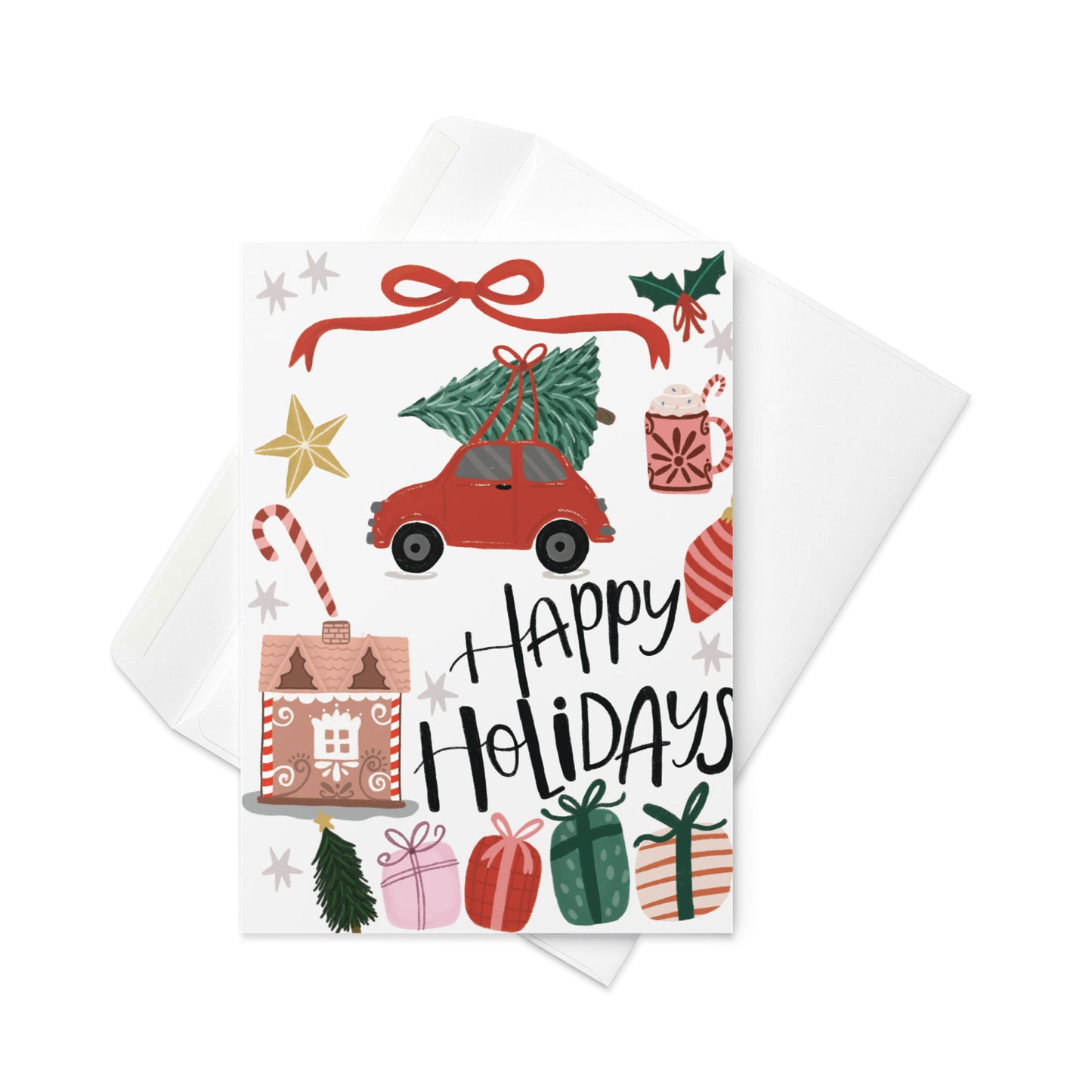 A beautifully hand-drawn 5x7 holiday card featuring whimsical holiday illustrations like christmas gifts,gingerbread house, cancy cane, chocolate cocoa in a pink mug. The card is paired with a sleek, white envelope, ready to be sealed with love. The design has a warm, charming feel ā perfect for sending personalized holiday cheer to friends, family, or coworkers.
