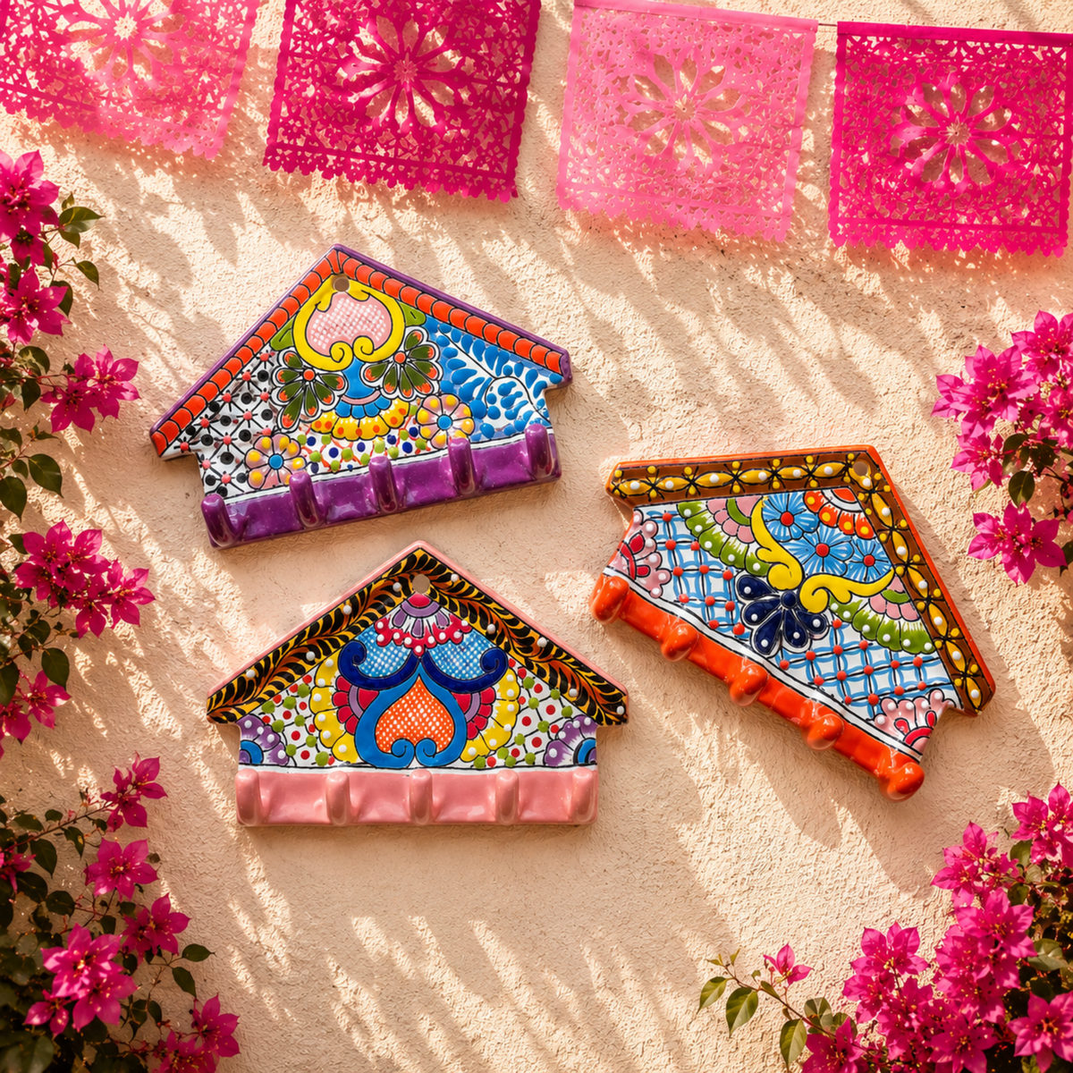 Colorful decorative tiles with floral patterns on a sandy background