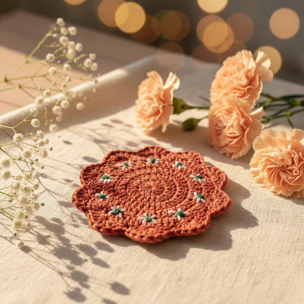 Crocheted coaster with floral patterns on a wooden surface