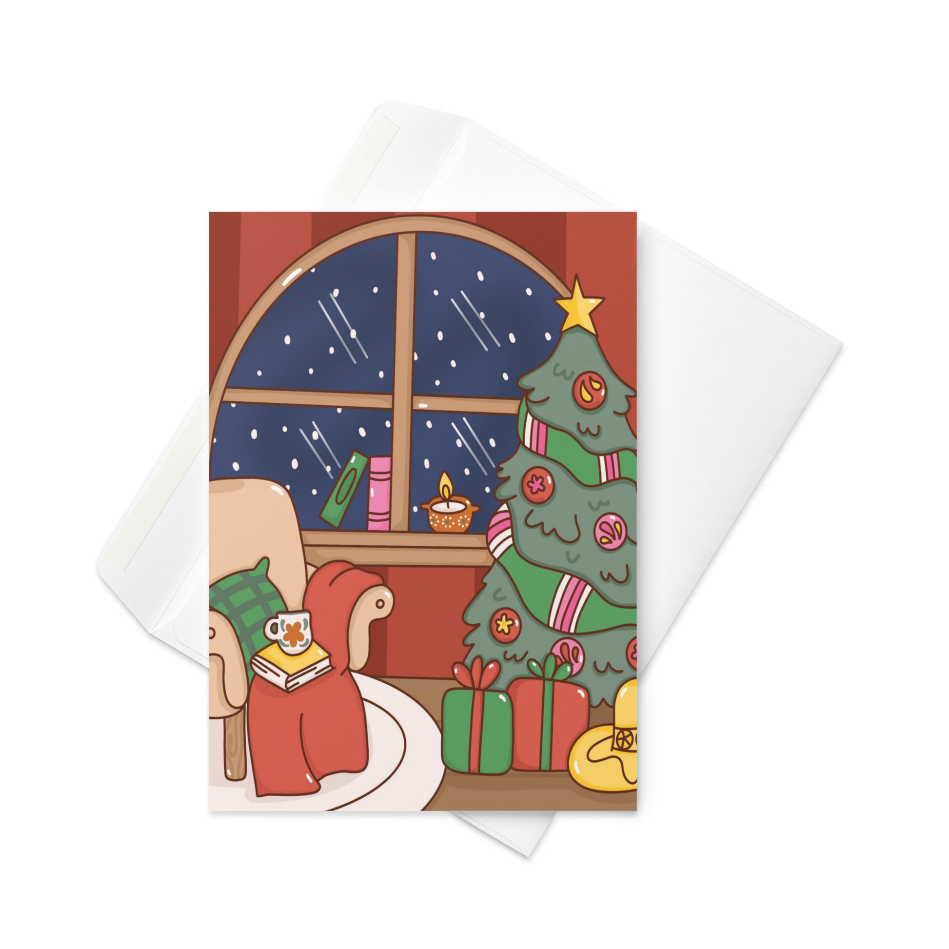 This festive 5x7 card features a charming hand-drawn design, perfect for capturing the warmth of the holiday season. The artwork invites a cozy atmosphere, making it an ideal backdrop for your personal messages. Perfectly sized for sending heartfelt greetings, it can also be creatively repurposed for various holiday uses.