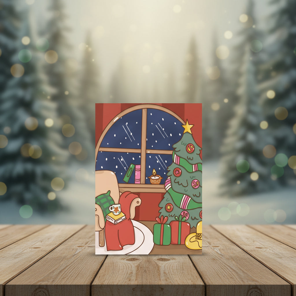 Illustrated Christmas card with a person in a red sweater and green hat reading a book by a window with a decorated Christmas tree and presents.