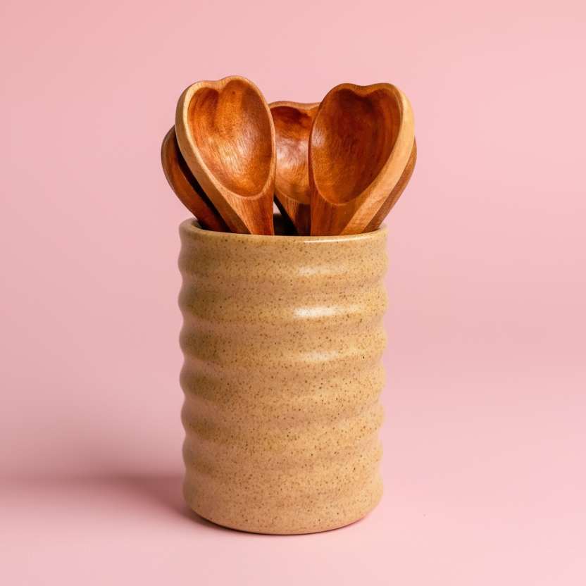 Set of wooden spoons in a ceramic holder pink background