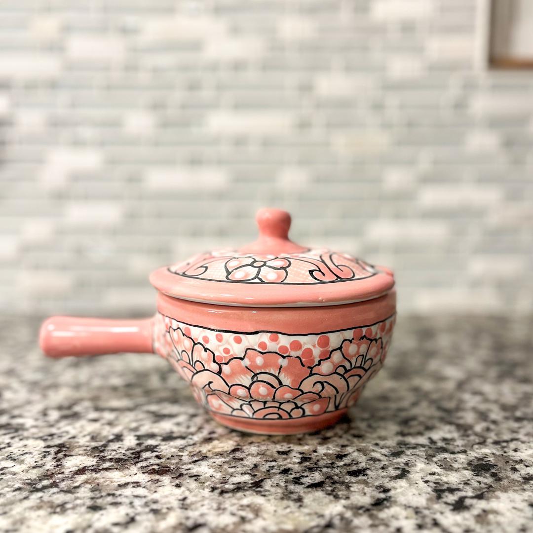 Mexican Pottery Bowl with Spoon, Pink Talavera Home Decor, Salsero with Lid, Kitchen Home Decor, Mexican Gift Ideas, Salsa Bowl with Handle