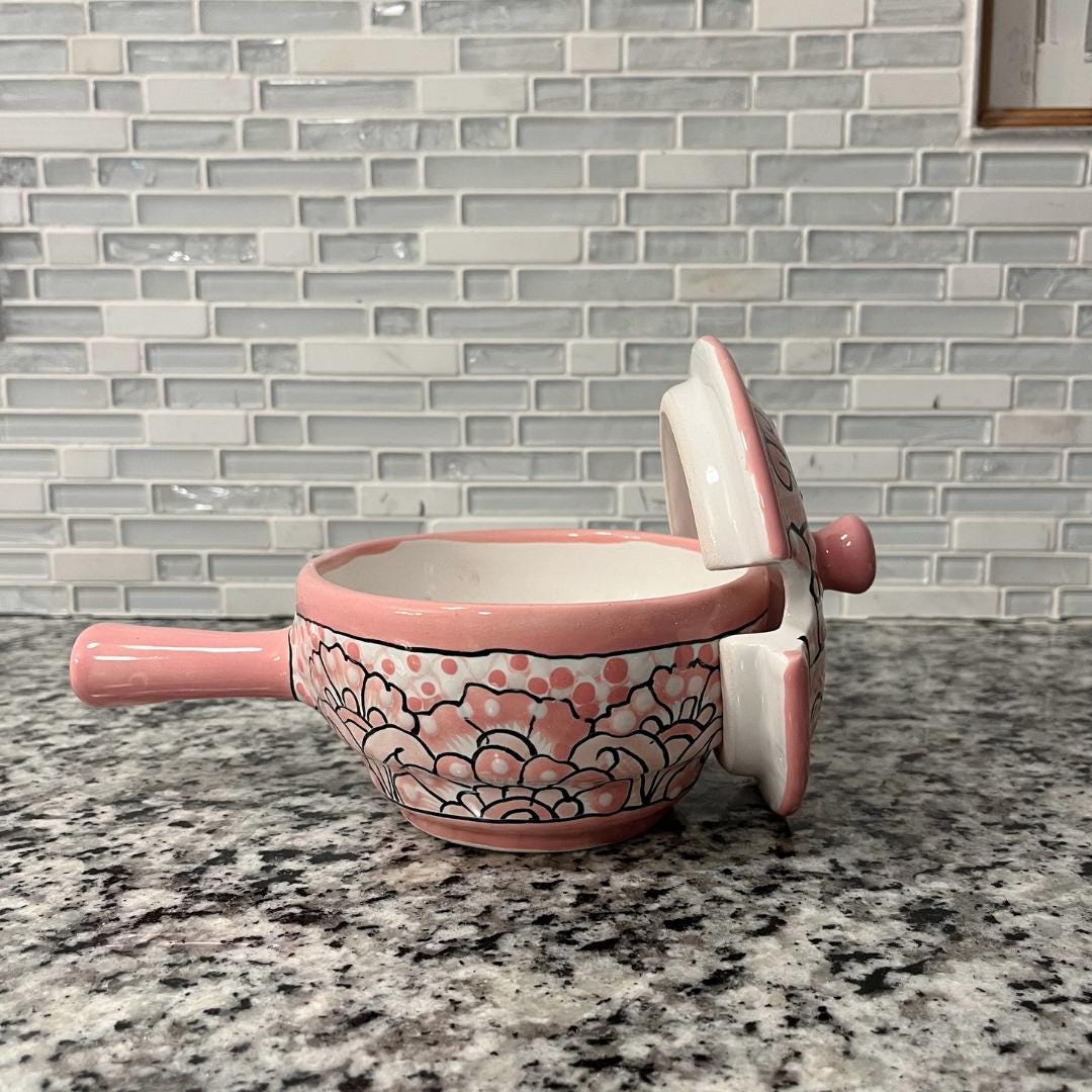 Mexican Pottery Bowl with Spoon, Pink Talavera Home Decor, Salsero with Lid, Kitchen Home Decor, Mexican Gift Ideas, Salsa Bowl with Handle