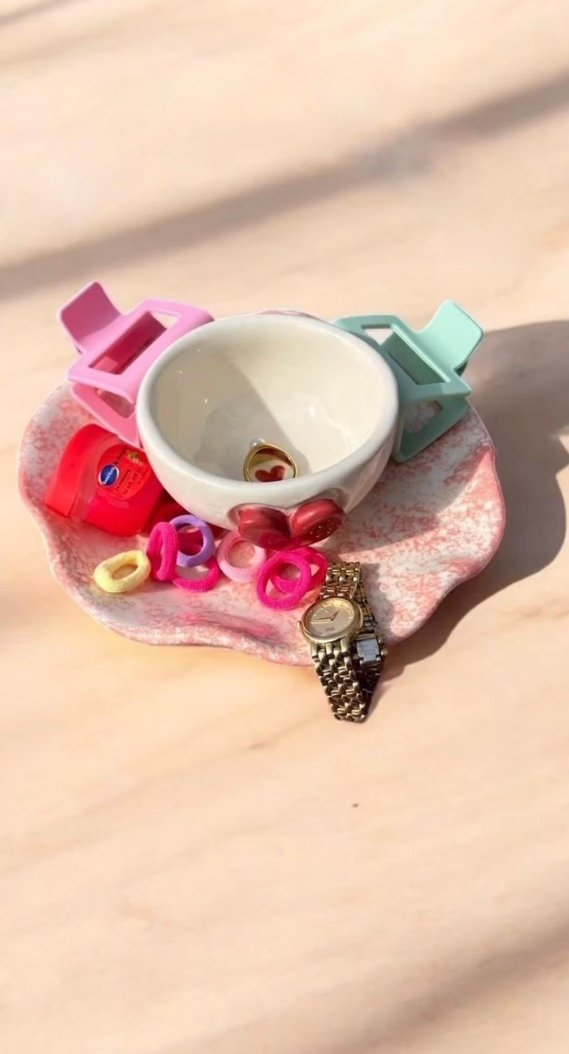 PINK Handmade Jewelry Holder Set,3D Heart Jewelry Tray, Ceramic Dish for Rings, Earrings, and Small Jewelry, Perfect Gift for Her, Ring Dish