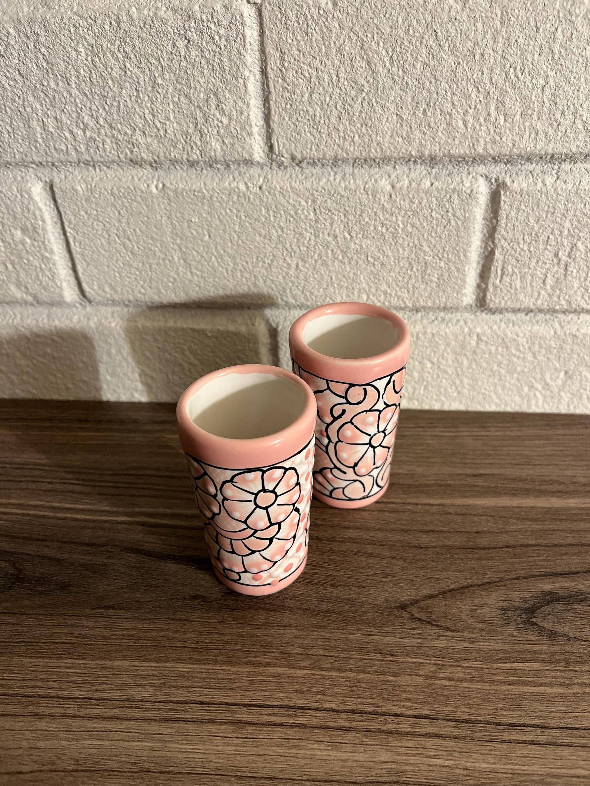 Hand-Painted Pink Talavera Tequila Shot Glasses, Soft Pink, Mexican Art, Perfect for Tequila & Mezcal, Pink Mexican Pottery, Party Favor