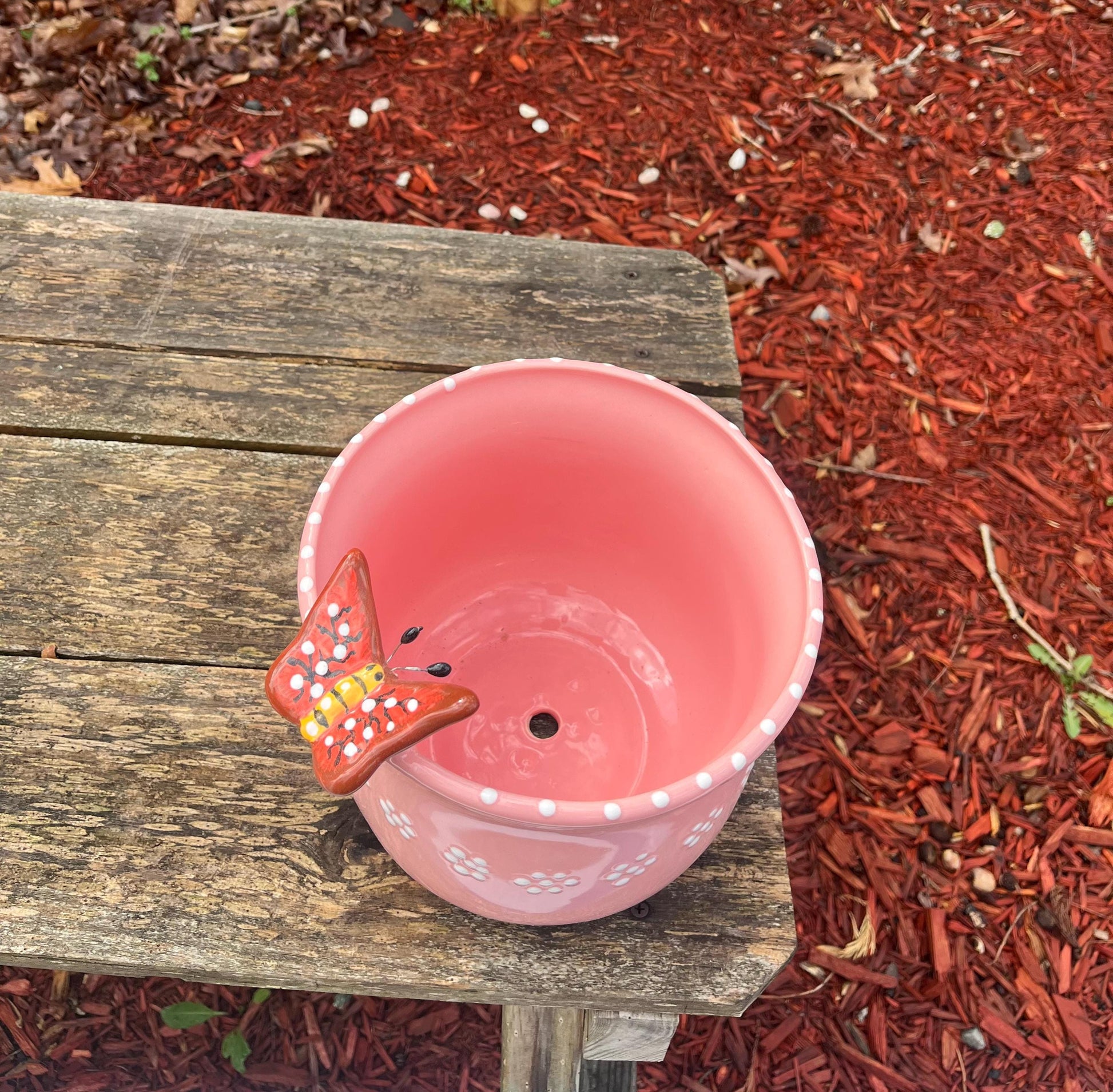 Handmade Pink Ceramic Pot//Butterfly Detail, Decorative Planter with Drainage Hole, Spring Home Decor, Mexican Pottery, Pink Flower Pot