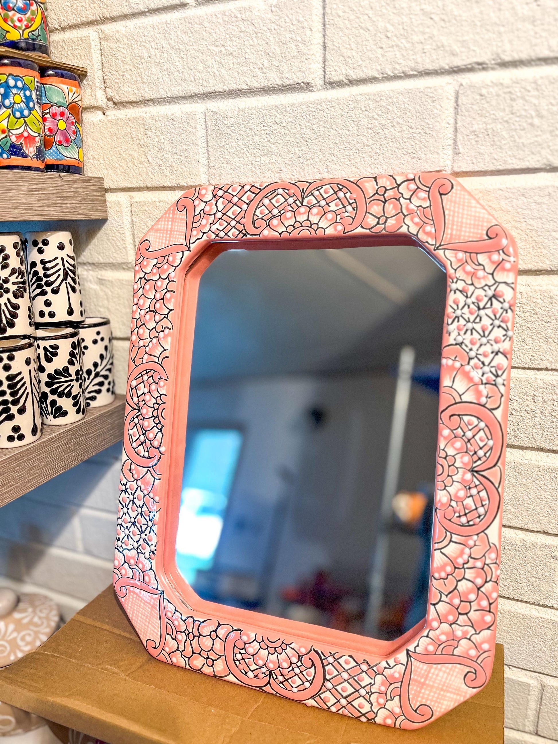 Pink Talavera Mirror Mexican Pottery Wall Decor Handmade in Mexico Ready to Hang Pink Home Decor Wall Hanging Pink Mirror Unique Gift