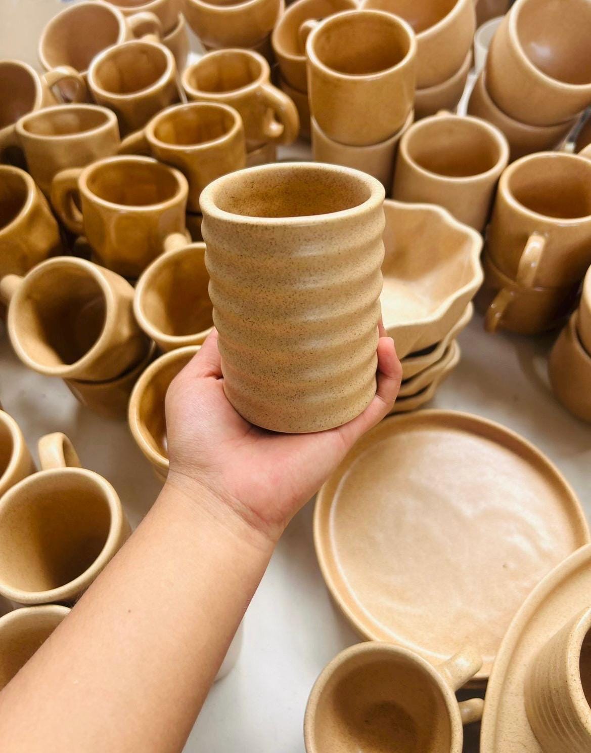 Handmade Brown Ceramic Mug Speckled Sandy Matte Finish Rustic Neutral Kitchenware Handleless Spiral Design Pre-Order Ships in September