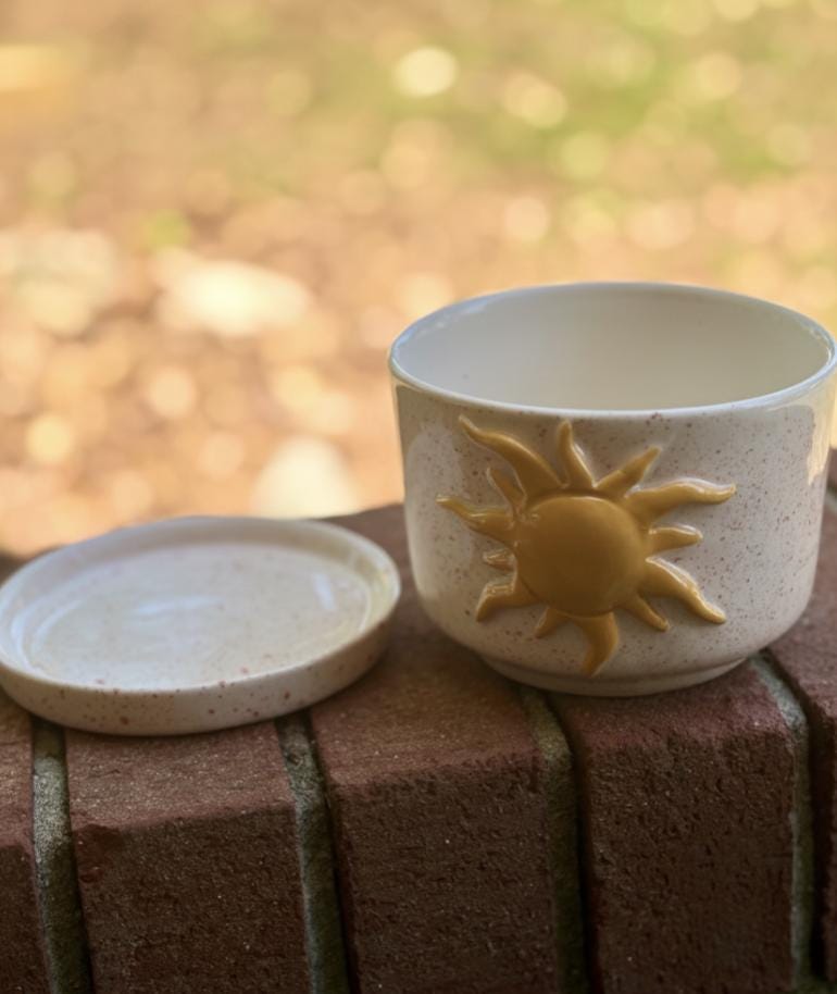 Hand Painted Pink Ceramic Planter with Saucer Heart Detail Made in Mexico