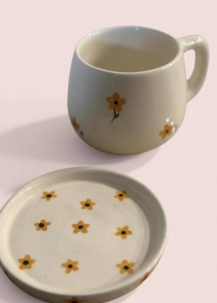 Floral Mug with Matching Plate 16 oz Ceramic Coffee Cup Made in Mexico Yellow Flower Mug Cute Artisan Mug Set
