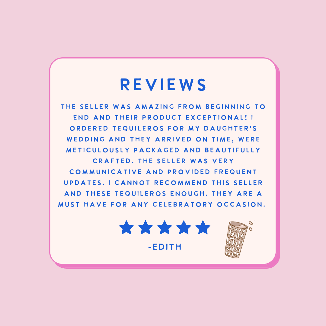 Five-star review for tequileros on a pink background