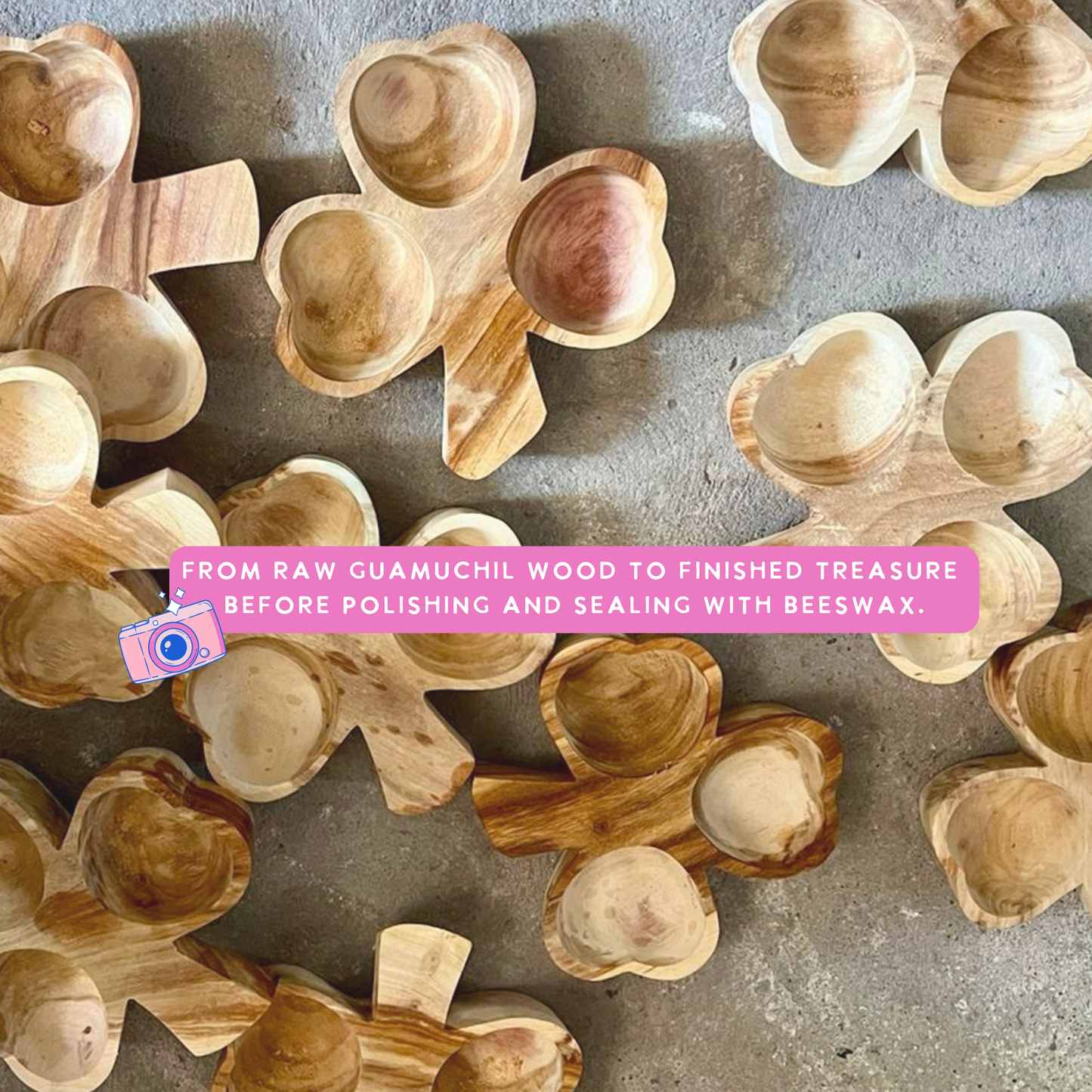 Wooden bowls concrete surface with text overlay.