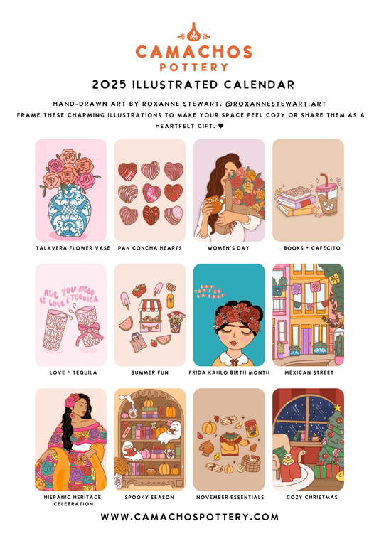 2025 Double Page Wall Calendar Featuring Unique Hand-Drawn Mexican Inspired Illustrations