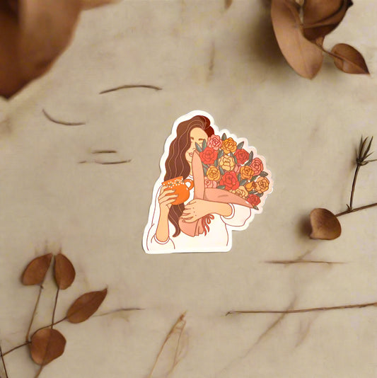 Decorative sticker of a woman holding flowers 