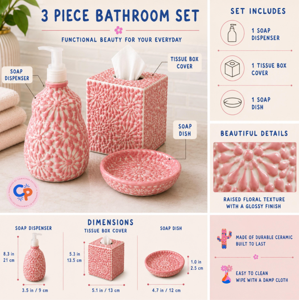 A 3-piece bathroom set featuring a pink and white patterned soap dispenser, tissue box cover, and soap dish, presented with dimension labels, feature callouts, and a brand logo on a clean white background.