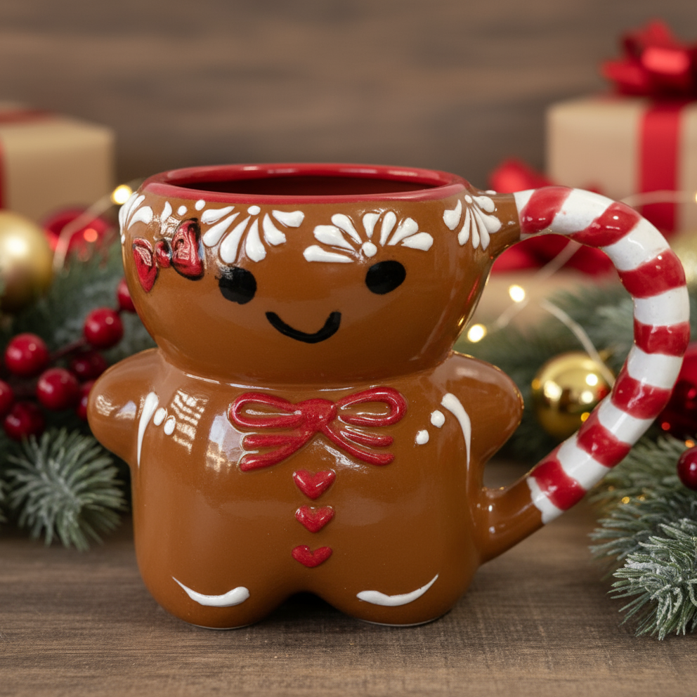 Gingerbread man mug with candy cane handle on a pink background