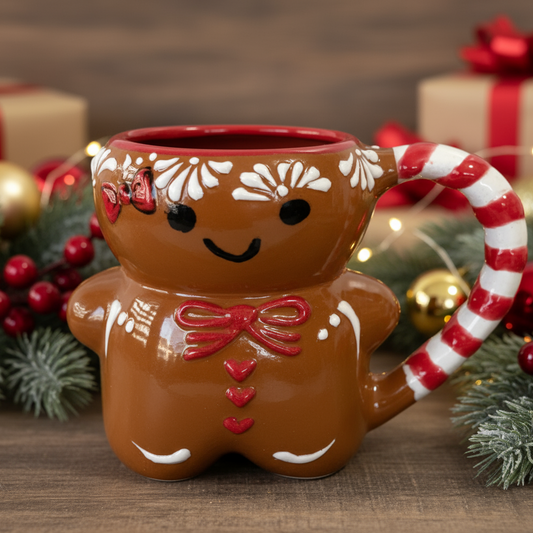 Gingerbread man mug with candy cane handle on a pink background