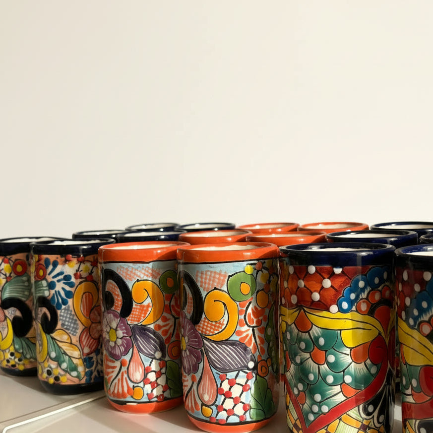 Colorful ceramic tumblers with artistic designs on a white shelf against a tiled wall.