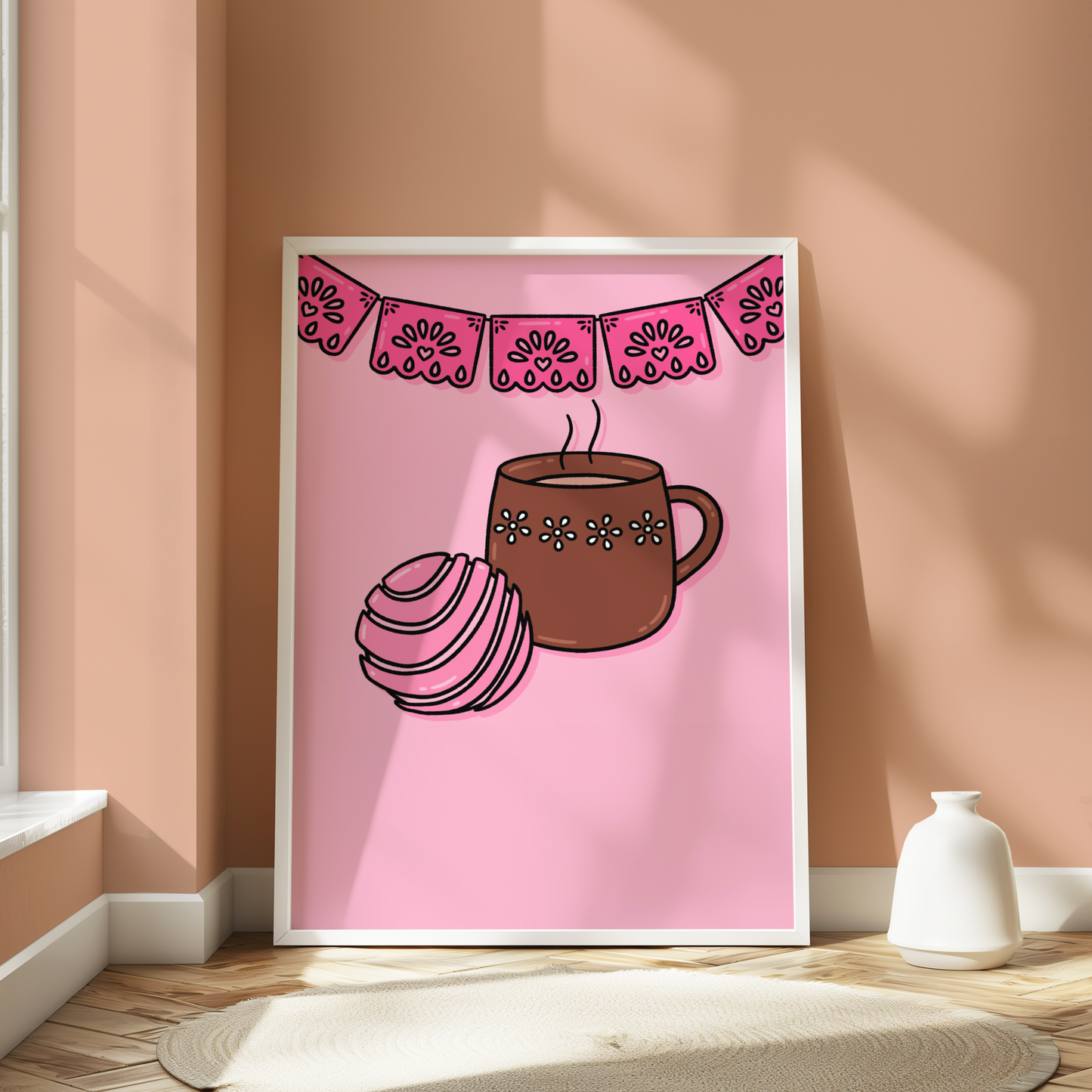 [DIGITAL FILE] Brighten Your Space with Mexican-Inspired Art: Traditional "El Cafecito" Print Featuring Barro Mug, Pan Concha, Pink Papel Picado