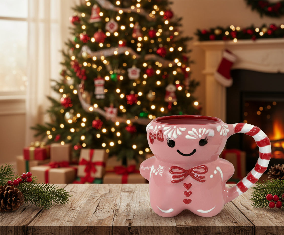 Pink gingerbread mug with candy cane handle on a white background
