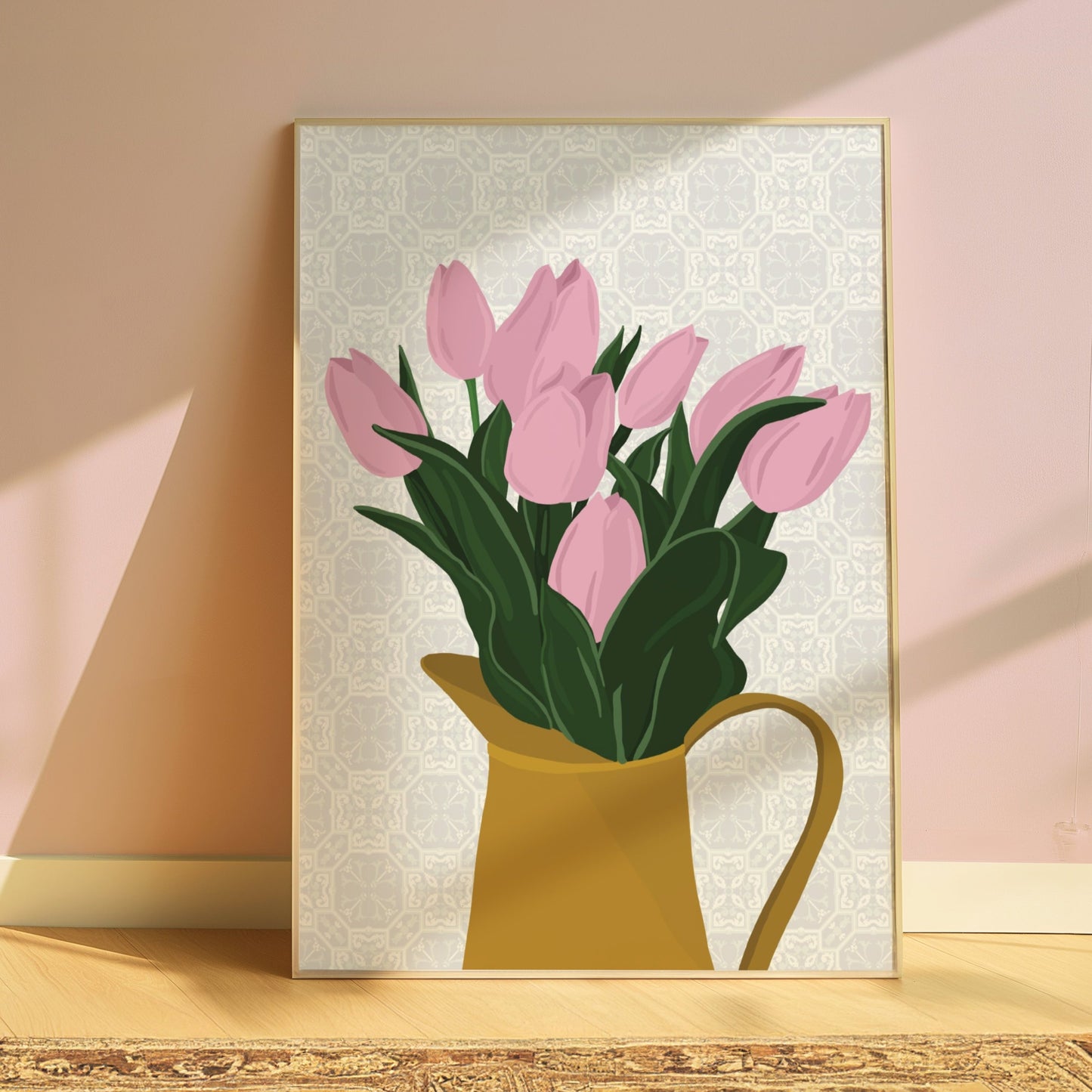 Hand-drawn art print of a bunch of pink tulips in a vase, 8x10 inch floral decor, perfect for home decoration or as a thoughtful gift.