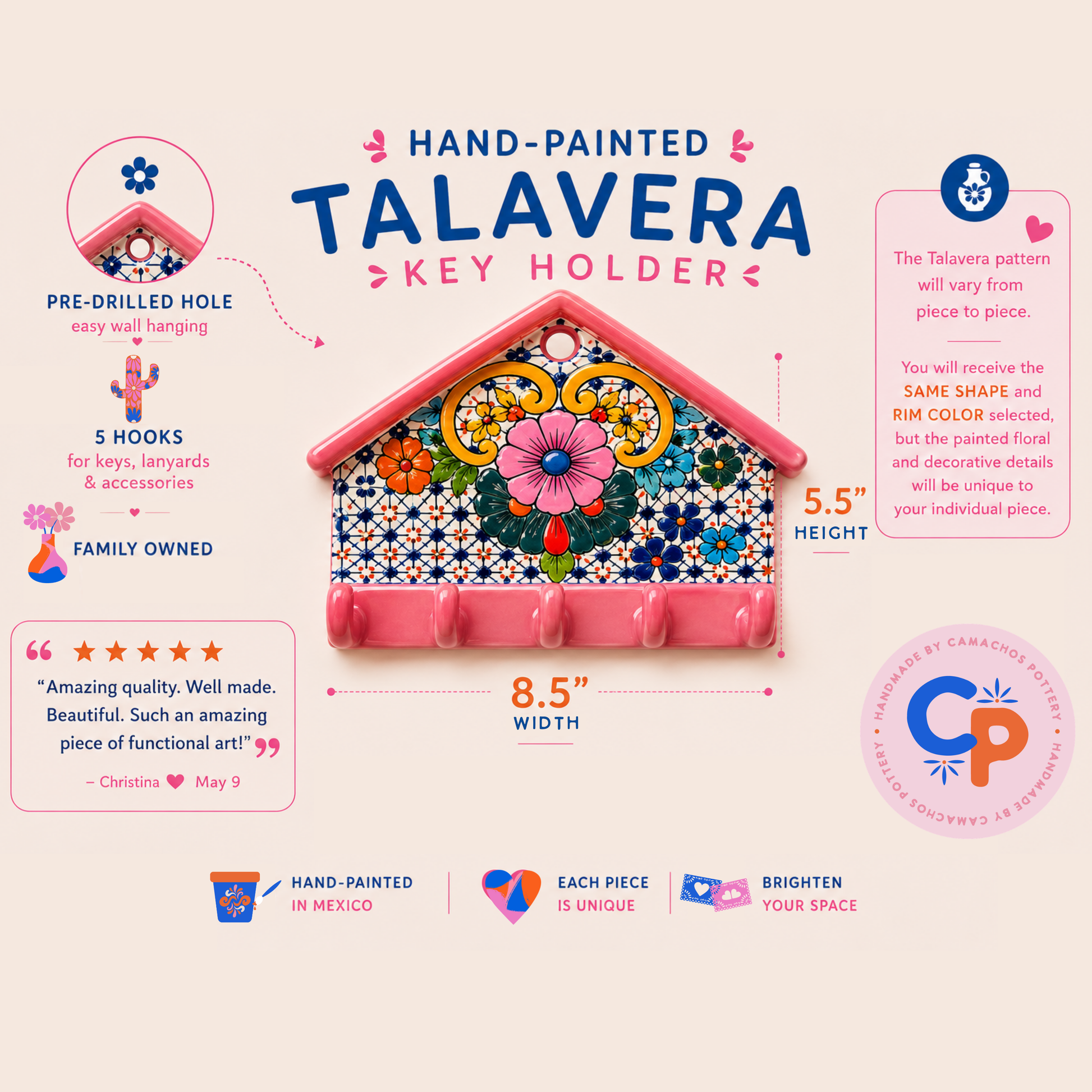 Hand-painted Talavera key holder with colorful design and product details on a light pink background.
