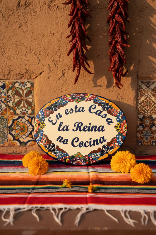 A colorful oval-shaped ceramic Talavera wall art with the text 'Bienvenidos a la Casa' written in Spanish, meaning 'Welcome to the House'. The art features a traditional Mexican pattern with floral and geometric motifs in vibrant colors.