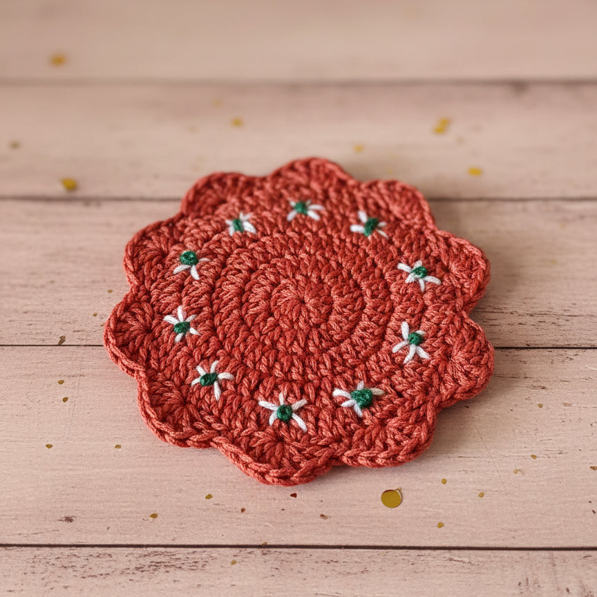 one crocheted coasters barro inspired mexican pottery