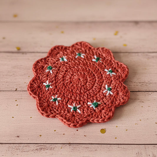 one crocheted coasters barro inspired mexican pottery