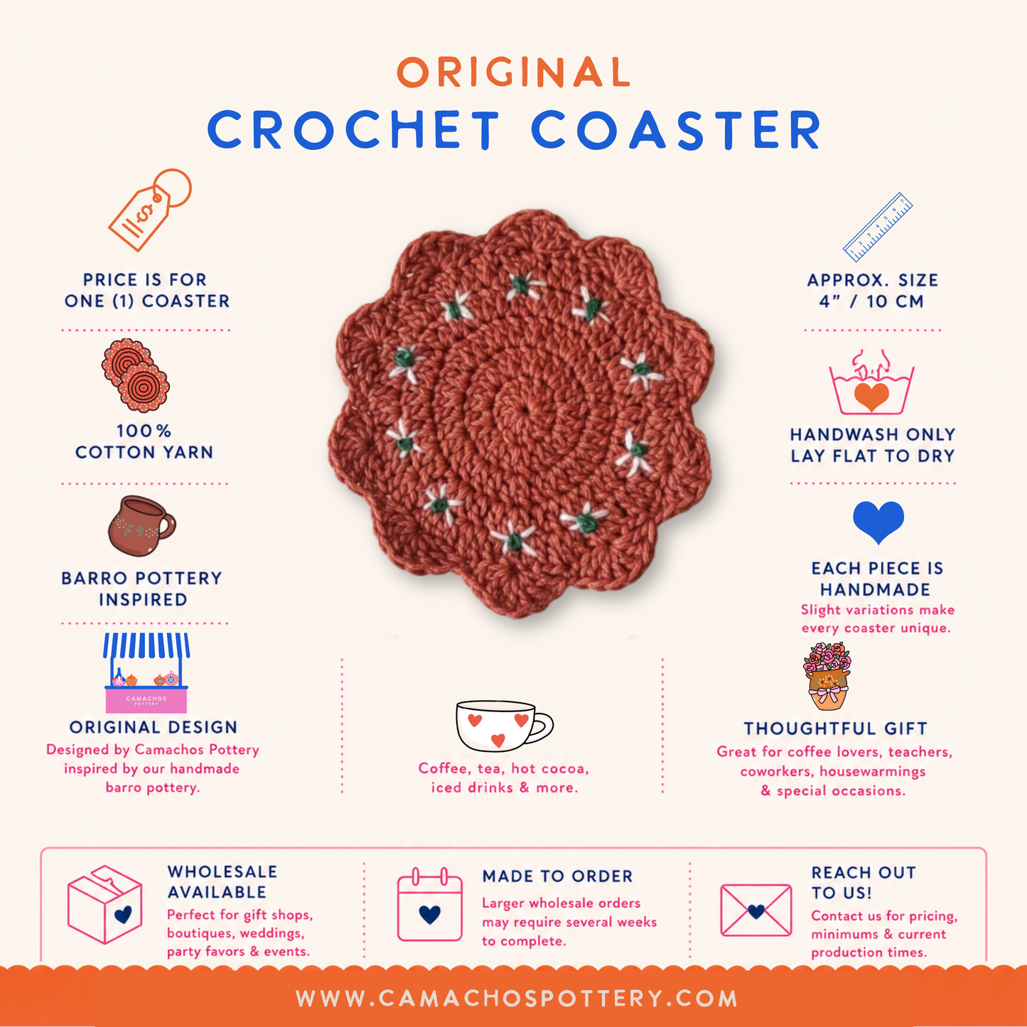Crochet coaster with product details on a white background