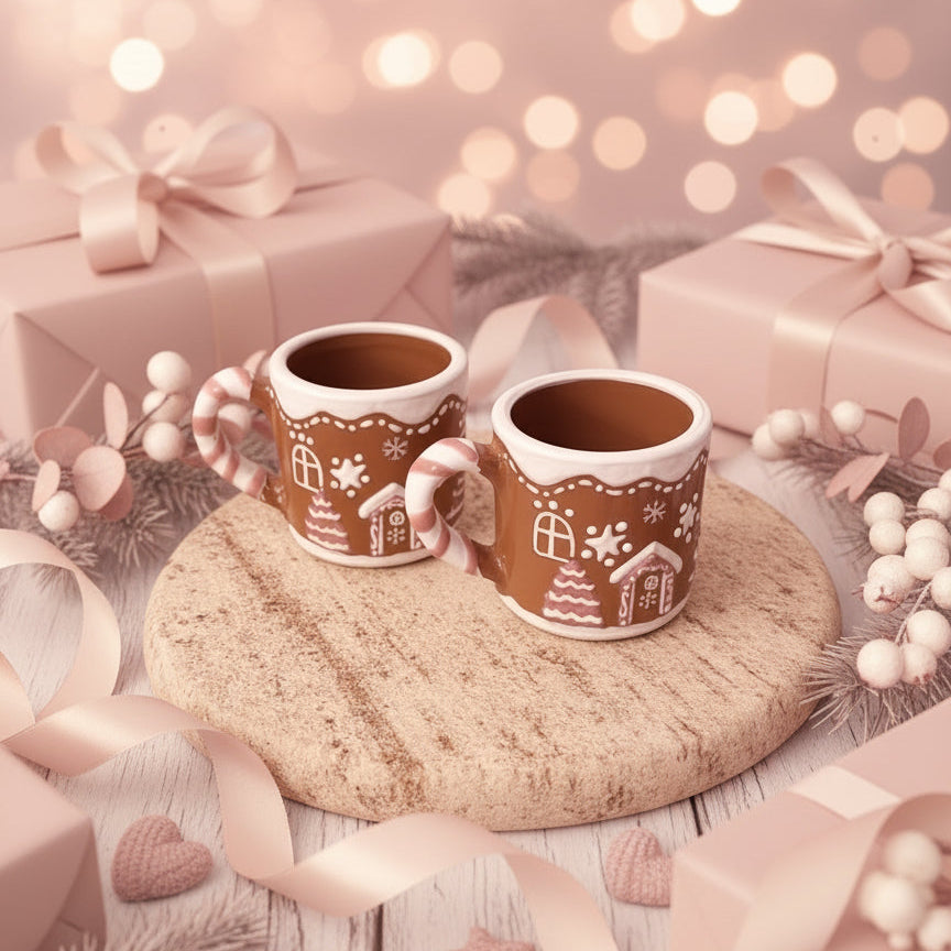 Two ceramic mugs with candy cane handles on a stone surface.