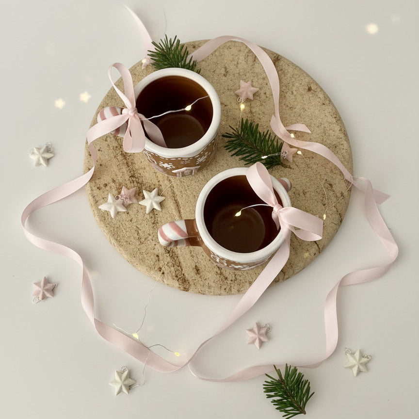Two ceramic mugs with striped handles on a round stone coaster.