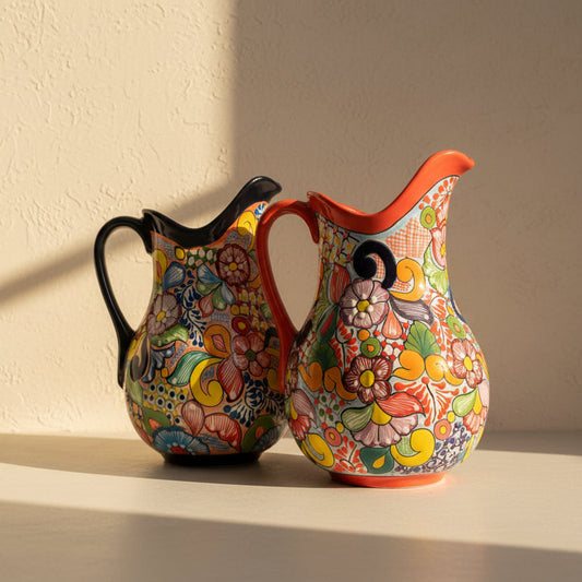 Colorful ceramic pitcher with floral patterns on a stone surface.