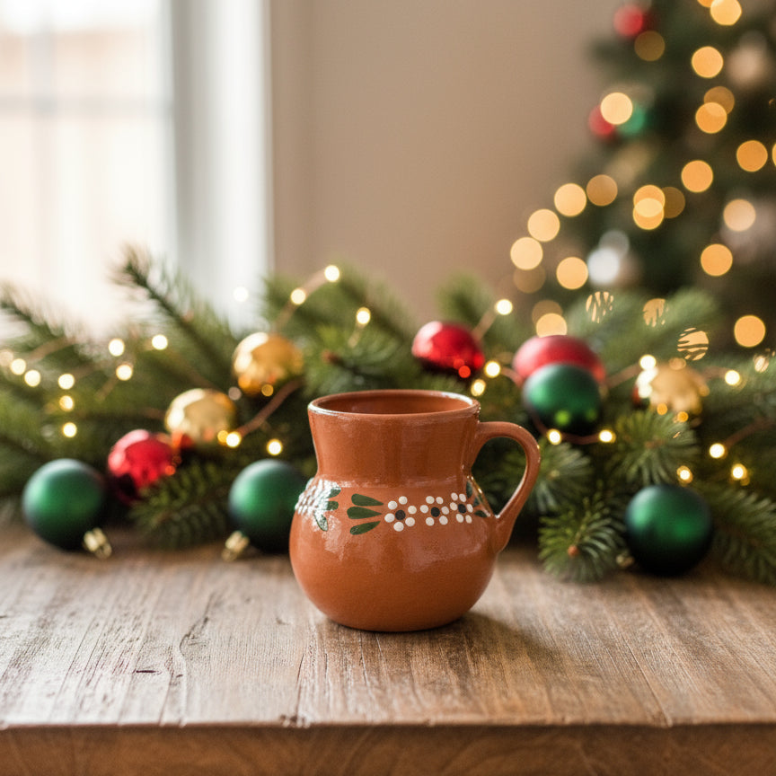 clay mug on a wooden table with Christmas decorations in the background