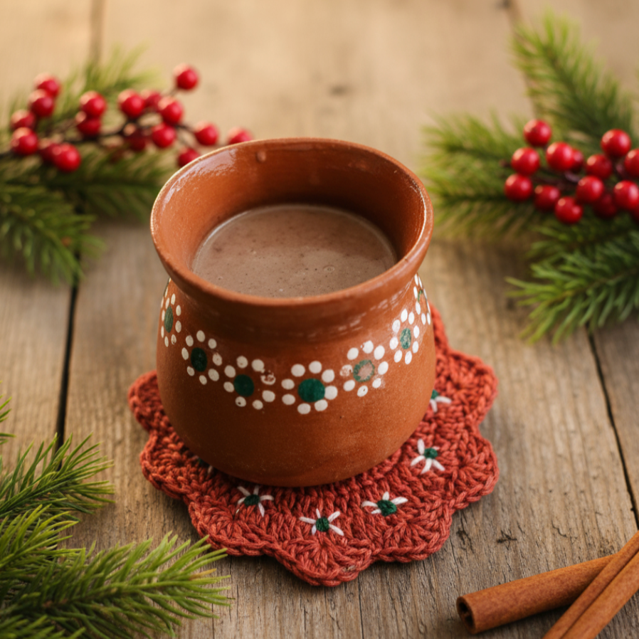 Ceramic mug with hot chocolate on a wooden surface with Christmas decorations