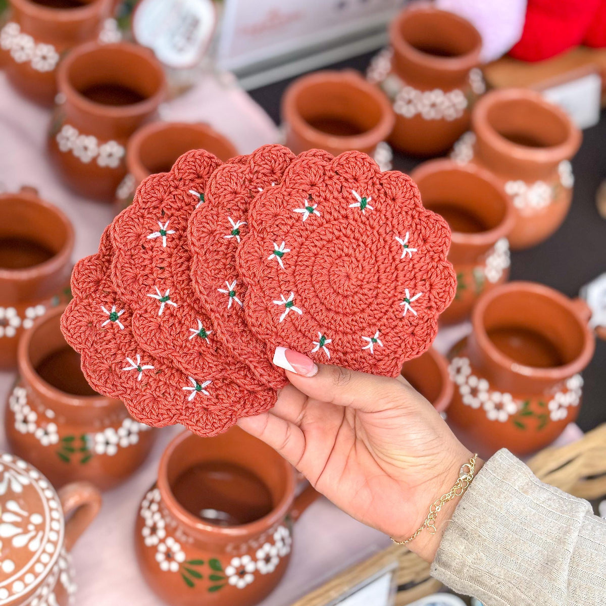 Mexican Barro Style Crochet Coaster Mexican Home Decor Mexican Barro Crochet Handmade Coasters Kitchen Decor Coasters Mexican Style