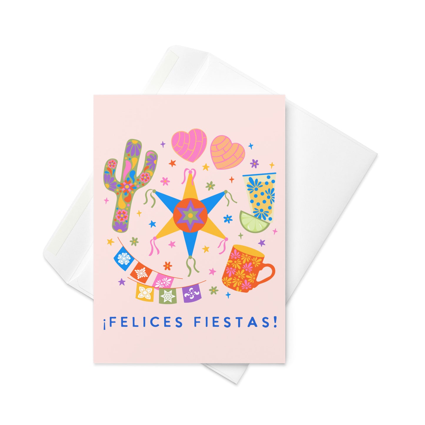 Hand-Drawn 'Felices Fiestas'Card – Featuring Pan Concha, Piñata, Mexican Mug, and Tequileros, Papel Picado for a Joyful Holiday Celebration