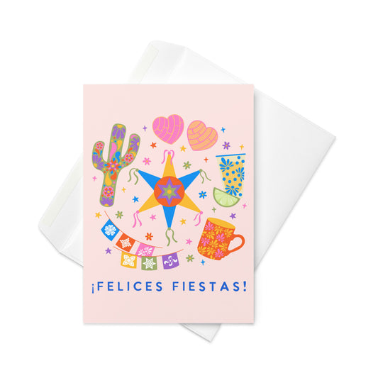 Hand-Drawn 'Felices Fiestas'Card – Featuring Pan Concha, Piñata, Mexican Mug, and Tequileros, Papel Picado for a Joyful Holiday Celebration