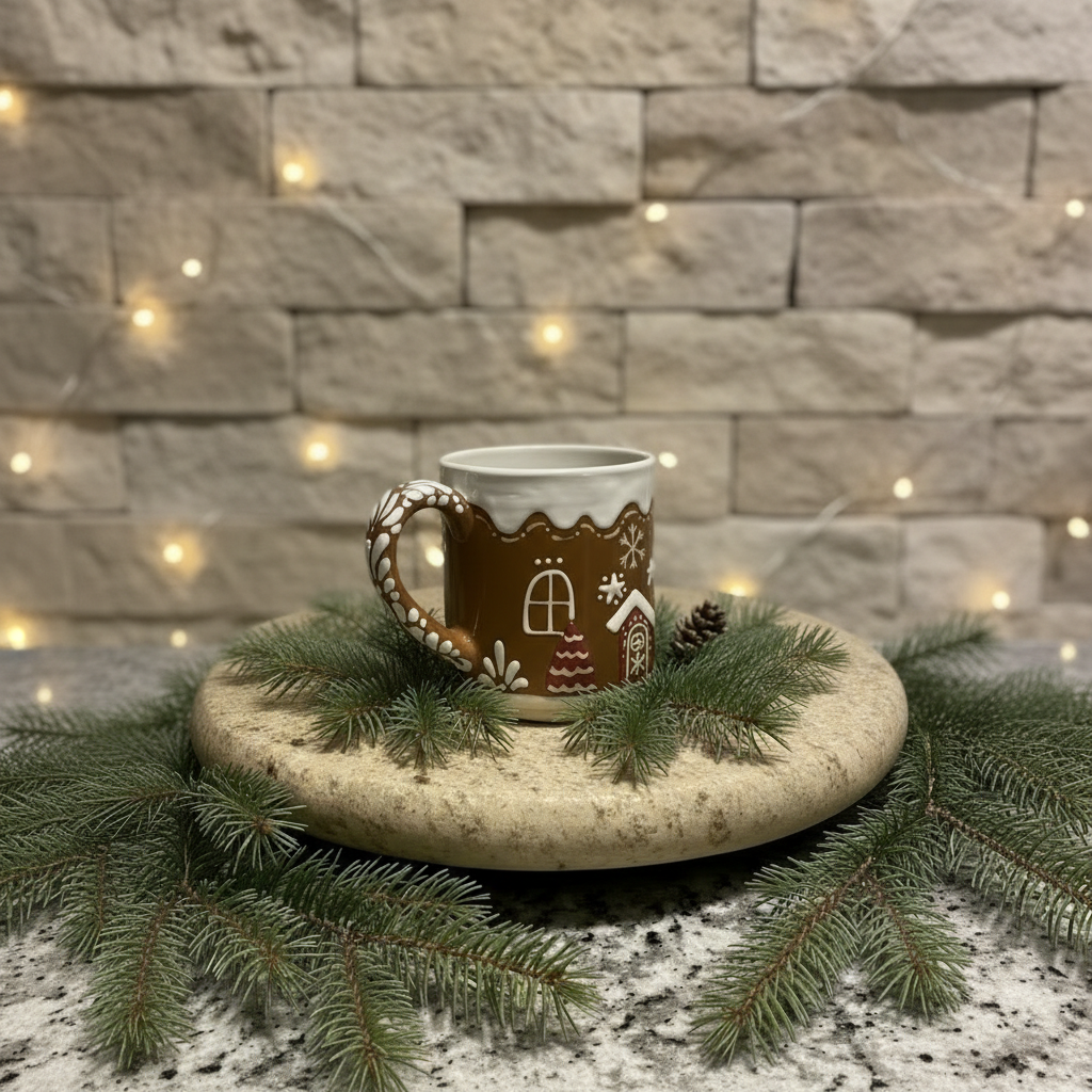 Decorative mug with gingerbread house design on a stone coaster with greenery, in a kitchen setting.
