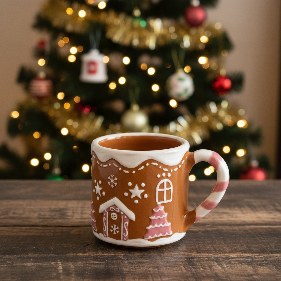 Gingerbread-themed mug with candy cane handle on a wooden surface
