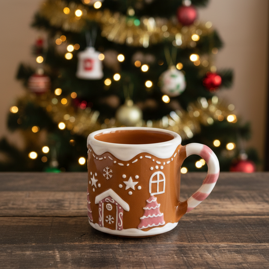 Gingerbread-themed mug with candy cane handle on a wooden surface