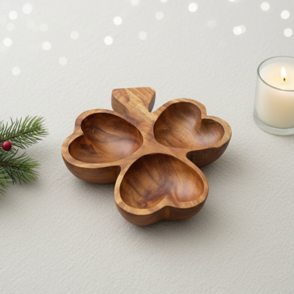 Wooden leaf-shaped bowl on a light surface with a candle and greenery.