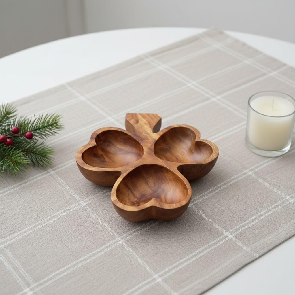 Wooden three heart clover shaped bowl on a light gray background