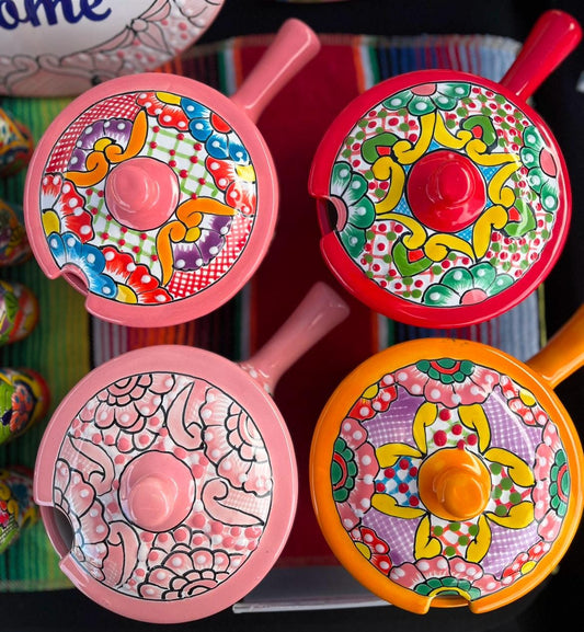 Mexican Pottery Bowl with Spoon, Pink Talavera Home Decor, Salsero with Lid, Kitchen Home Decor, Mexican Gift Ideas, Salsa Bowl with Handle