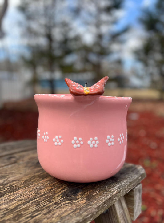 Handmade Pink Ceramic Pot//Butterfly Detail, Decorative Planter with Drainage Hole, Spring Home Decor, Mexican Pottery, Pink Flower Pot