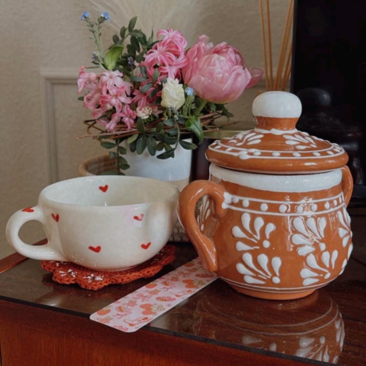 Clay Sugar Bowl with Lid Mexican Pottery Barro Mexicano Small Clay Container for Sugar Handmade Kitchenware Hand Painted Pottery Home Decor