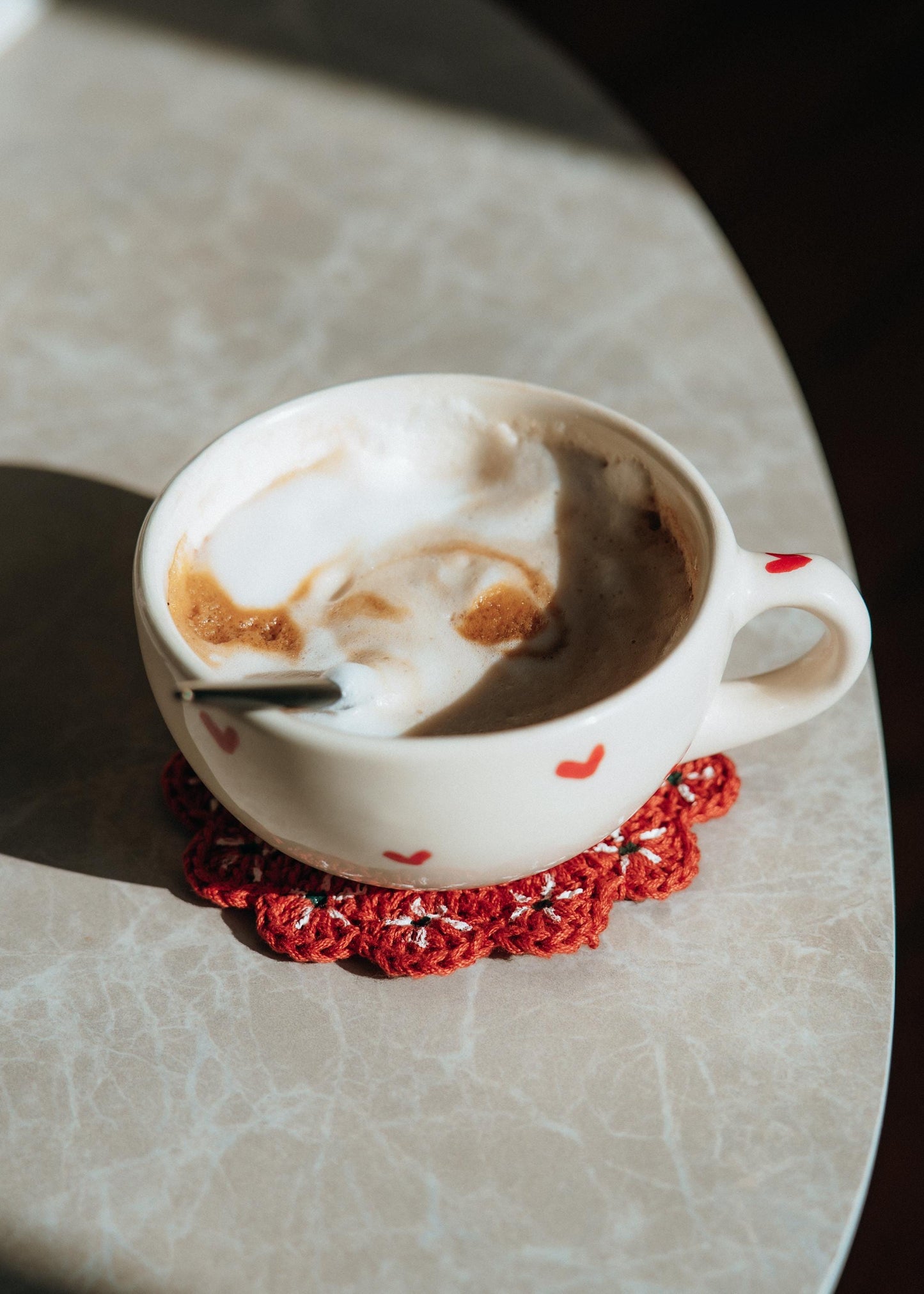Latina owned handmade drinkware with crochet detail, cozy kitchen vibe.